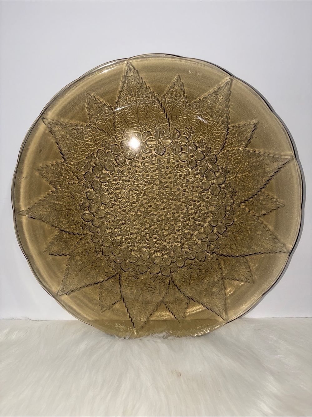Vintage Decorative Amber Glass Plate with Floral Sunburst Pattern